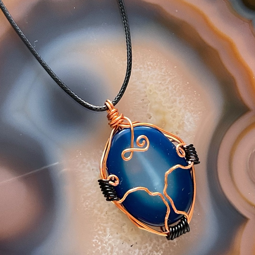 Handmade copper wire wrapped blue agate pendant necklace healing crystal